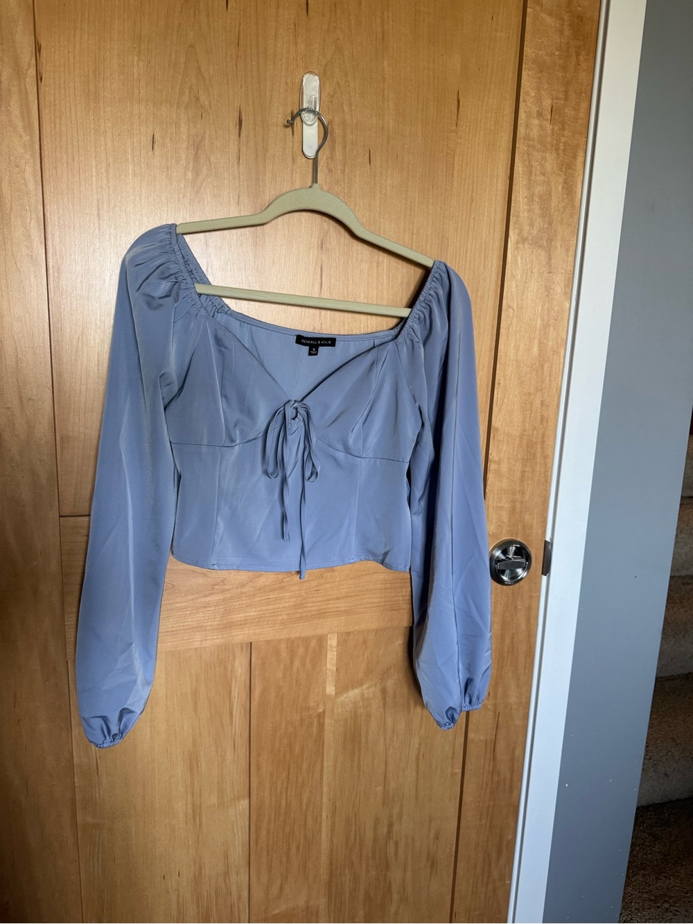 Kendall & Kylie Lavender-Blue Tie-Front Long Sleeve Crop Top
